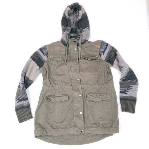 CoffeeShop New York Utility Cargo Jacket Large Olive Knit Sleeves Hood Boho - Picture 1 of 12